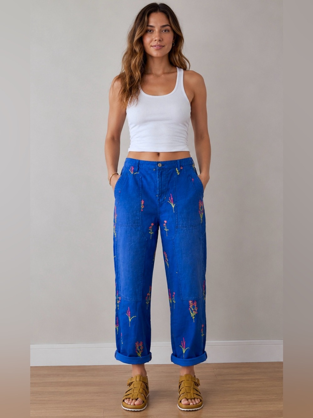 Anthropologie Blue Straight-Leg Embroidered Pants